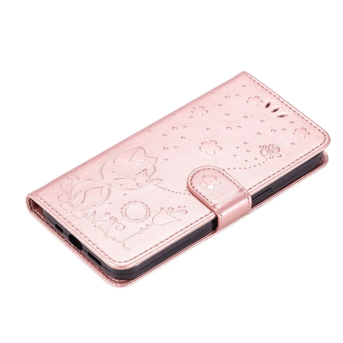 For iPhone 17e / 16e Leather Case Cat Bee Pattern Phone Cover Wallet Stand with Strap - Rose Gold - 5