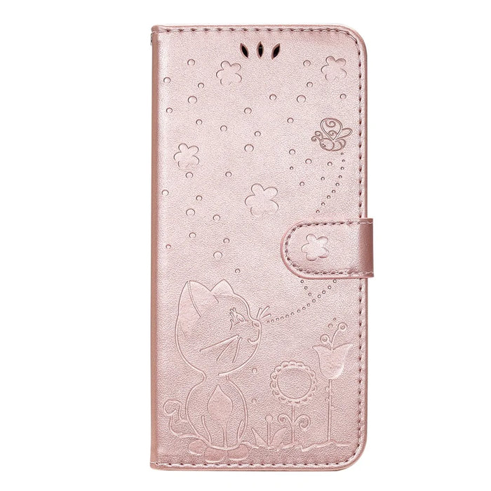For iPhone 17e / 16e Leather Case Cat Bee Pattern Phone Cover Wallet Stand with Strap - Rose Gold - 6