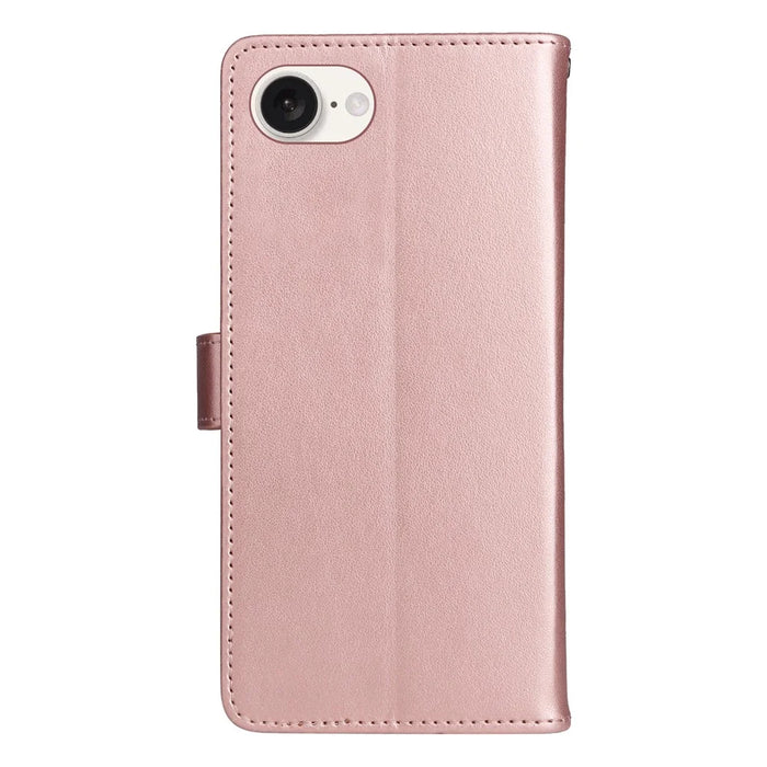For iPhone 17e / 16e Leather Case Cat Bee Pattern Phone Cover Wallet Stand with Strap - Rose Gold - 7