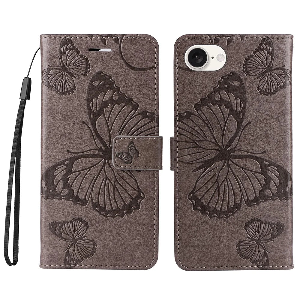 For iPhone 17e / 16e Wallet Case Floral Butterfly Imprinted Leather Phone Cover Stand - Grey - 1