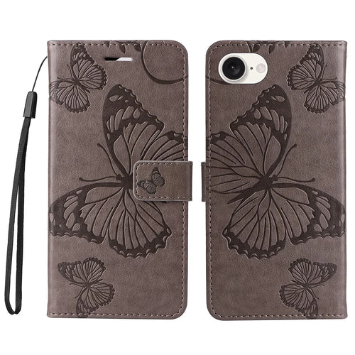For iPhone 17e / 16e Wallet Case Floral Butterfly Imprinted Leather Phone Cover Stand - Grey - 1