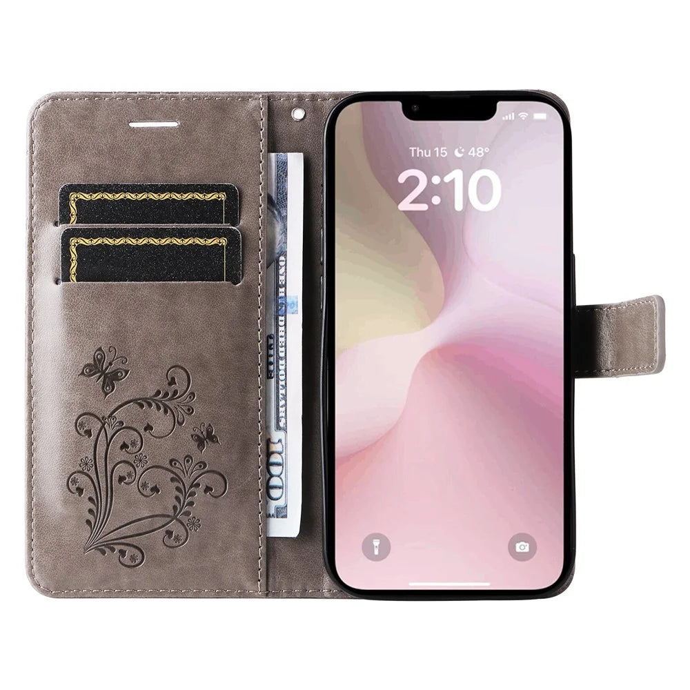 For iPhone 17e / 16e Wallet Case Floral Butterfly Imprinted Leather Phone Cover Stand - Grey - 2