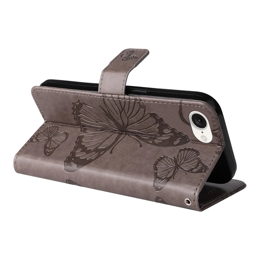 For iPhone 17e / 16e Wallet Case Floral Butterfly Imprinted Leather Phone Cover Stand - Grey - 3