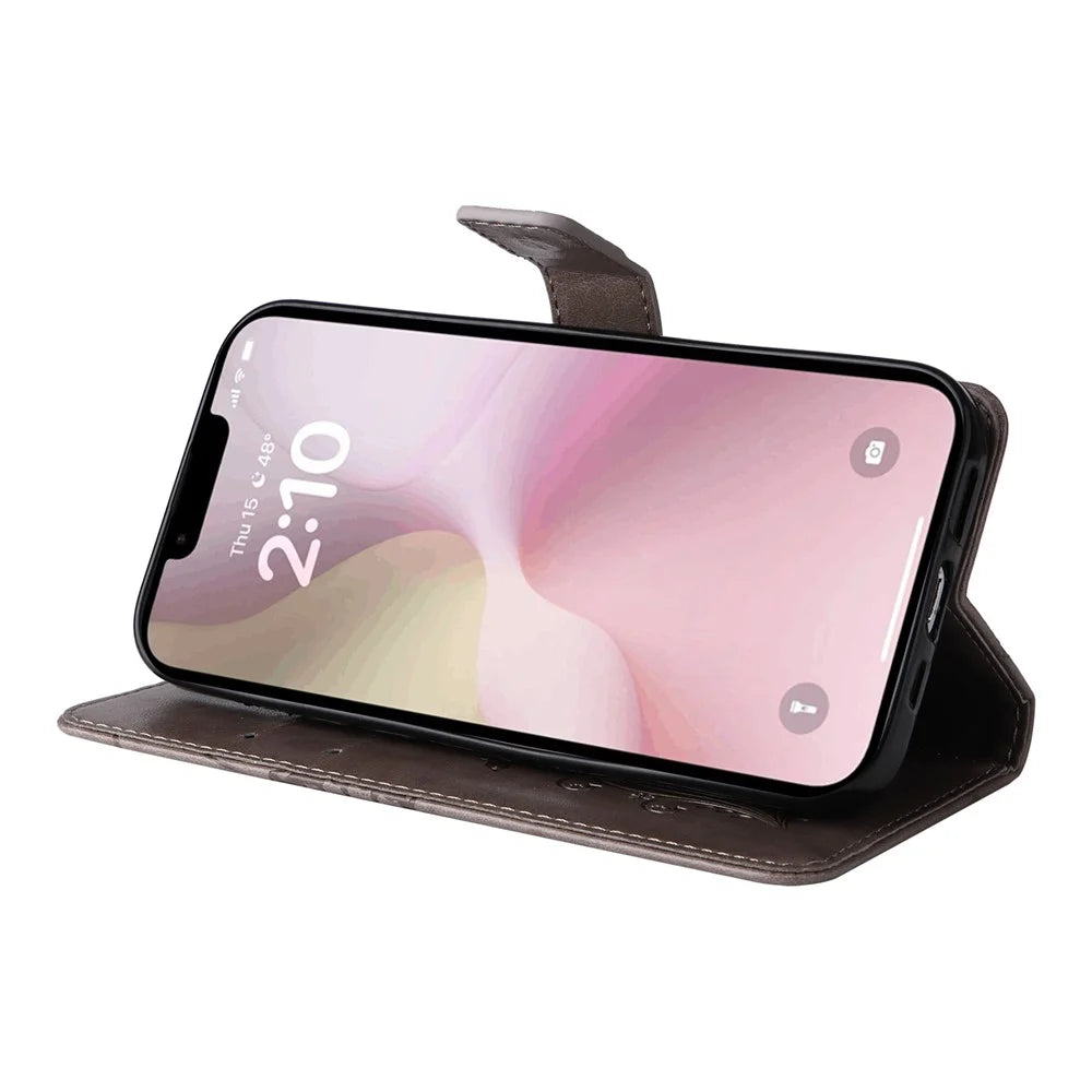 For iPhone 17e / 16e Wallet Case Floral Butterfly Imprinted Leather Phone Cover Stand - Grey - 4