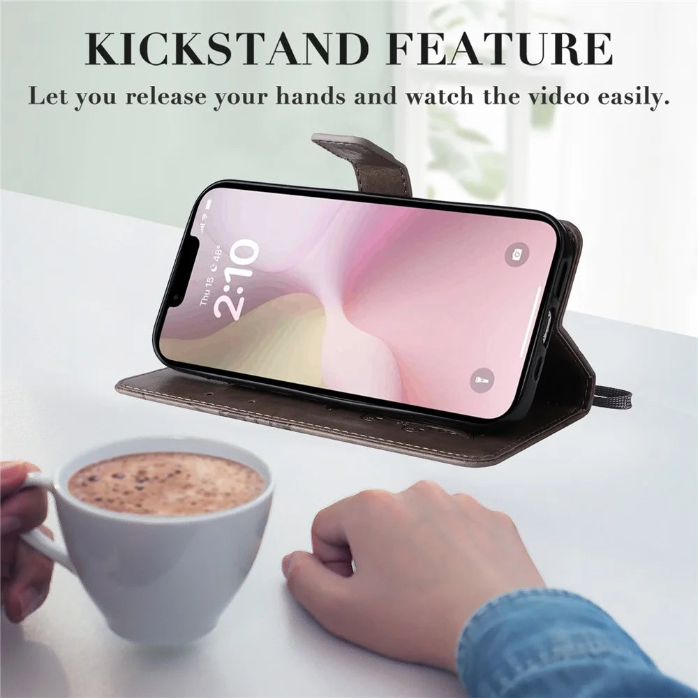For iPhone 17e / 16e Wallet Case Floral Butterfly Imprinted Leather Phone Cover Stand - Grey - 6