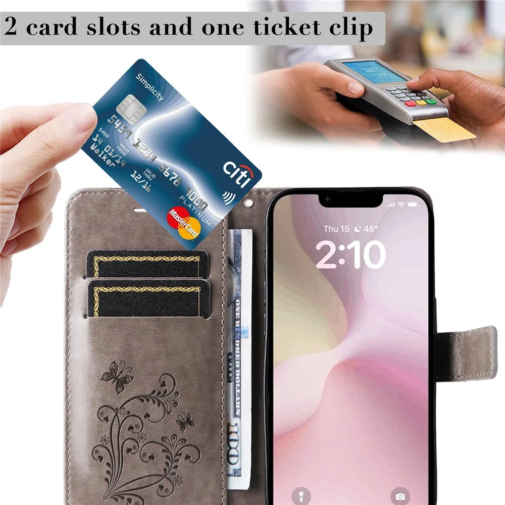 For iPhone 17e / 16e Wallet Case Floral Butterfly Imprinted Leather Phone Cover Stand - Grey - 7