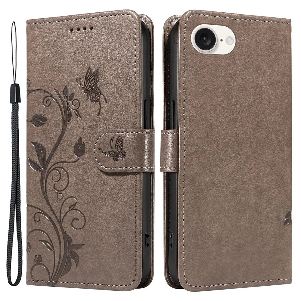 For iPhone 17e / 16e PU Leather Cases Flower Pattern Wallet Stand Phone Cover with Strap - Grey - 1