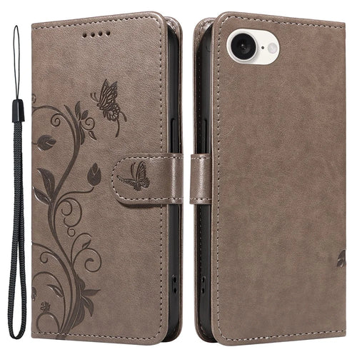 For iPhone 17e / 16e PU Leather Cases Flower Pattern Wallet Stand Phone Cover with Strap - Grey - 1