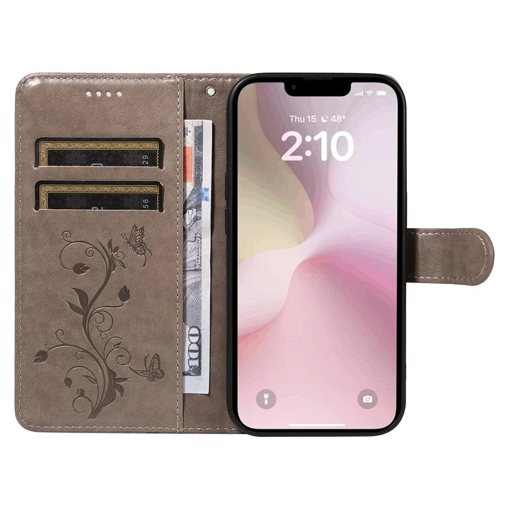 For iPhone 17e / 16e PU Leather Cases Flower Pattern Wallet Stand Phone Cover with Strap - Grey - 2