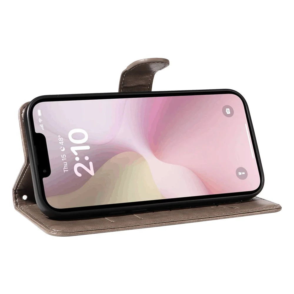For iPhone 17e / 16e PU Leather Cases Flower Pattern Wallet Stand Phone Cover with Strap - Grey - 3