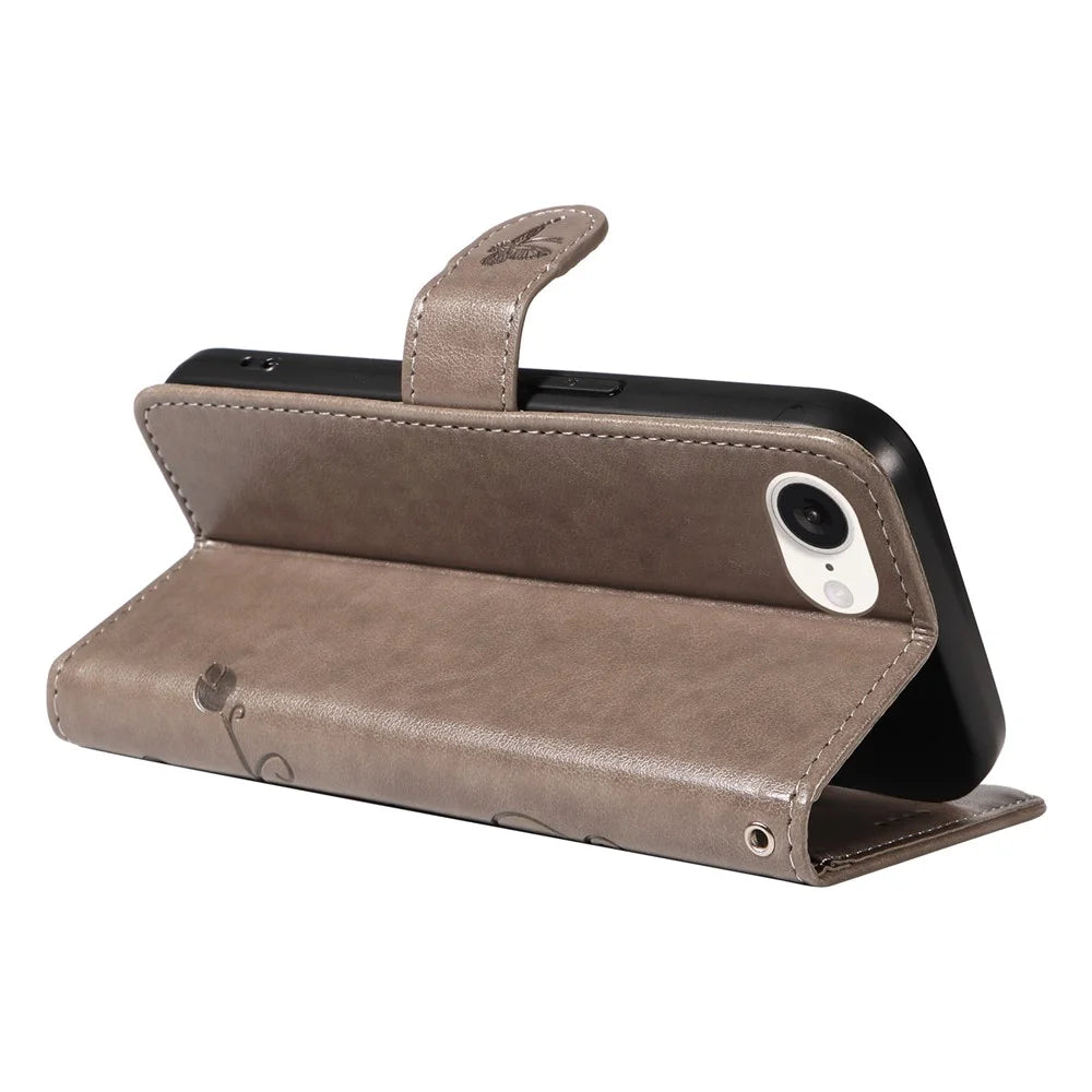 For iPhone 17e / 16e PU Leather Cases Flower Pattern Wallet Stand Phone Cover with Strap - Grey - 4