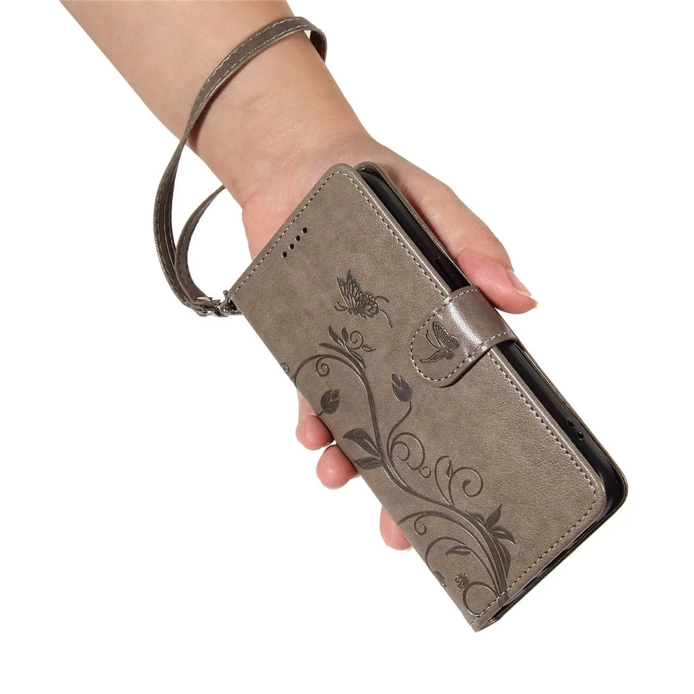 For iPhone 17e / 16e PU Leather Cases Flower Pattern Wallet Stand Phone Cover with Strap - Grey - 5