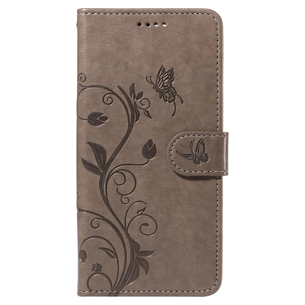 For iPhone 17e / 16e PU Leather Cases Flower Pattern Wallet Stand Phone Cover with Strap - Grey - 6