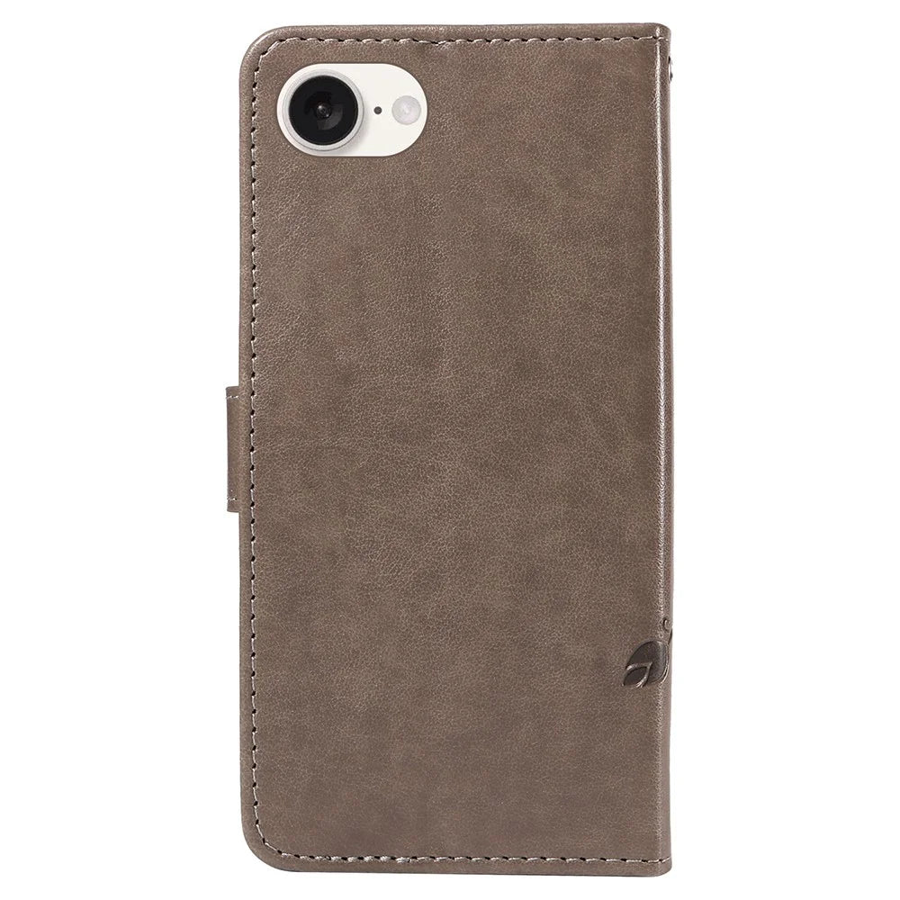 For iPhone 17e / 16e PU Leather Cases Flower Pattern Wallet Stand Phone Cover with Strap - Grey - 7