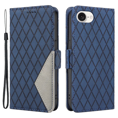 For iPhone 17e / 16e Wallet Case Rhombus Grid Leather Shockproof Phone Cover - Blue - 1