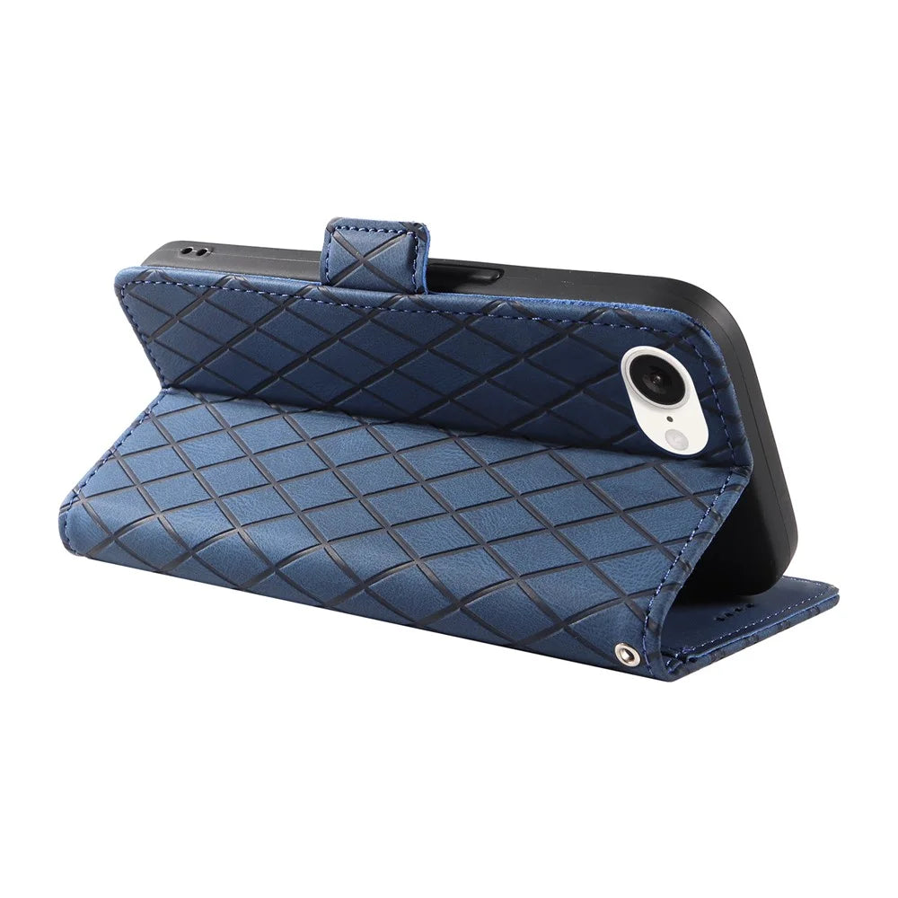 For iPhone 17e / 16e Wallet Case Rhombus Grid Leather Shockproof Phone Cover - Blue - 4