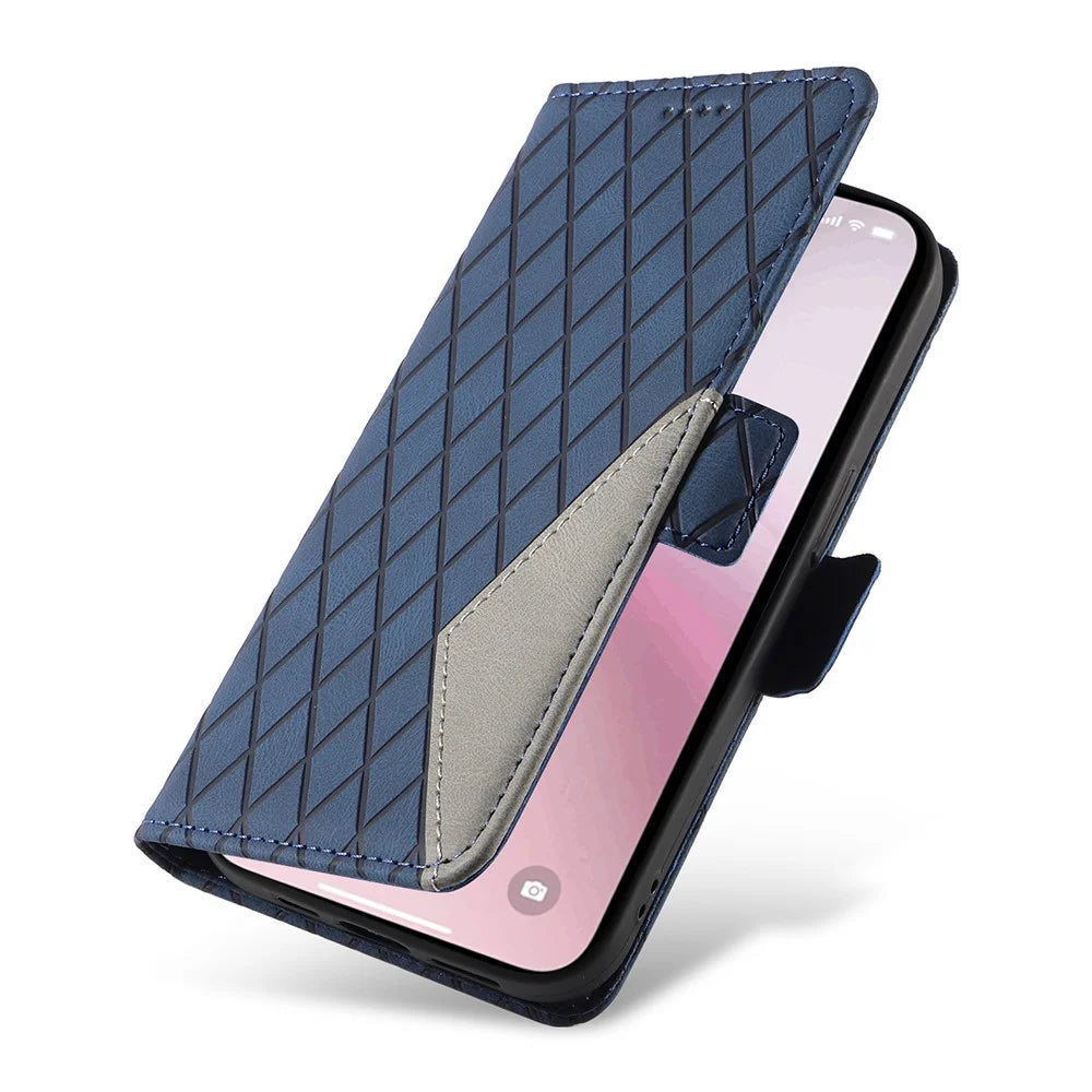 For iPhone 17e / 16e Wallet Case Rhombus Grid Leather Shockproof Phone Cover - Blue - 5