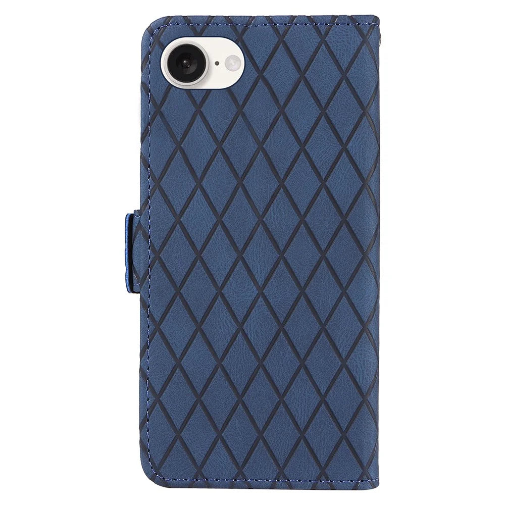 For iPhone 17e / 16e Wallet Case Rhombus Grid Leather Shockproof Phone Cover - Blue - 7