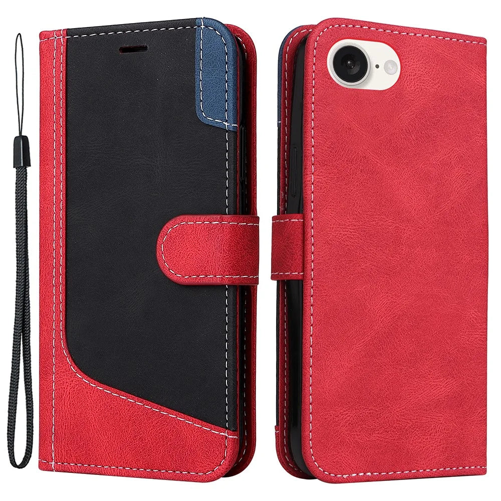 For iPhone 17e / 16e Case Wallet PU Leather Three-Color Splicing Phone Cover - Red - 1