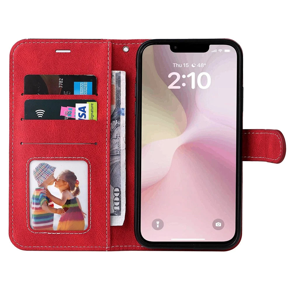 For iPhone 17e / 16e Case Wallet PU Leather Three-Color Splicing Phone Cover - Red - 2