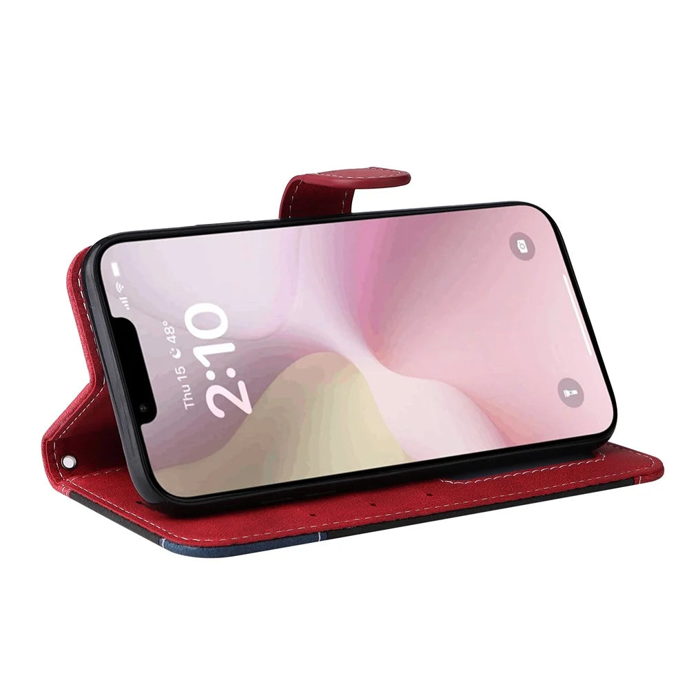 For iPhone 17e / 16e Case Wallet PU Leather Three-Color Splicing Phone Cover - Red - 3