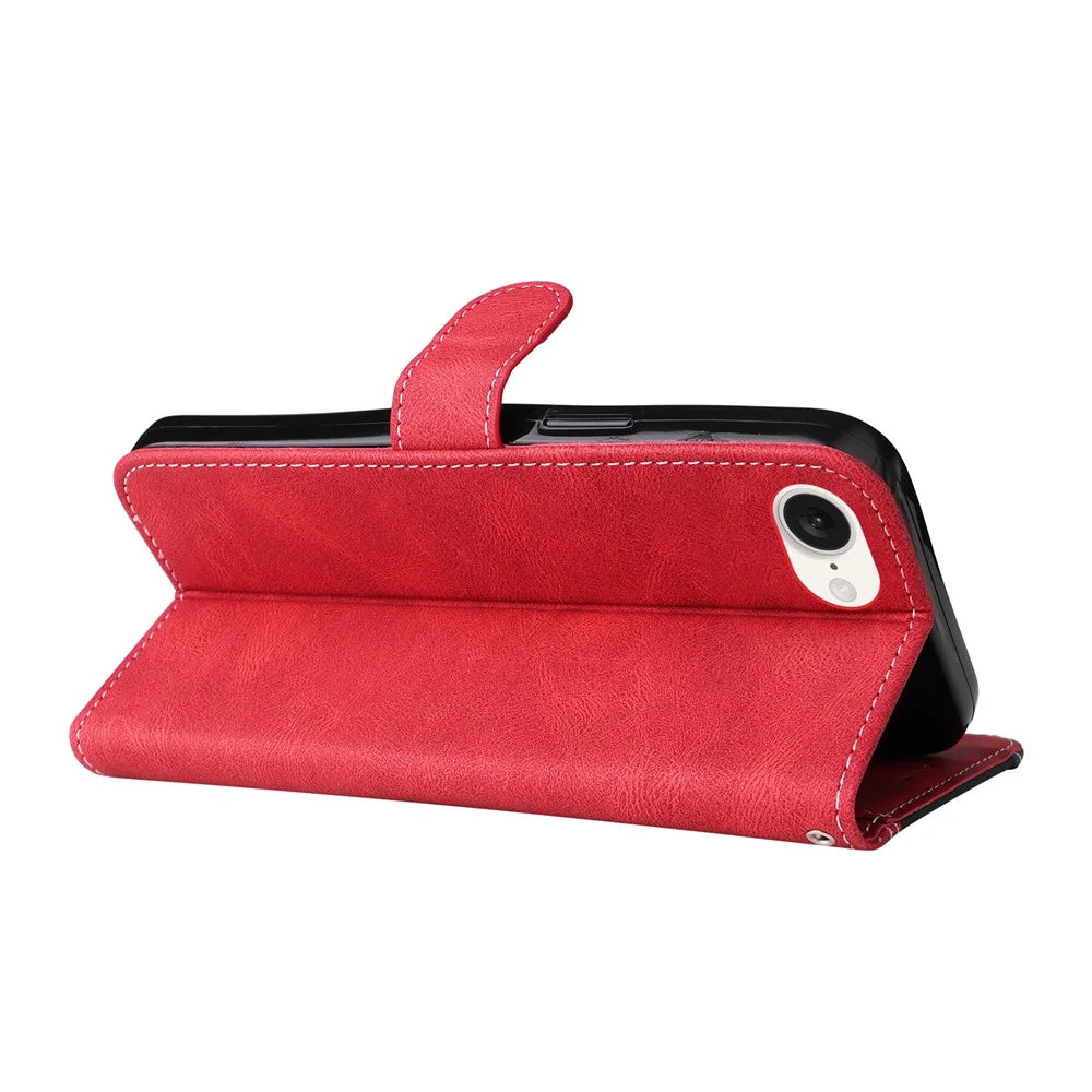 For iPhone 17e / 16e Case Wallet PU Leather Three-Color Splicing Phone Cover - Red - 4
