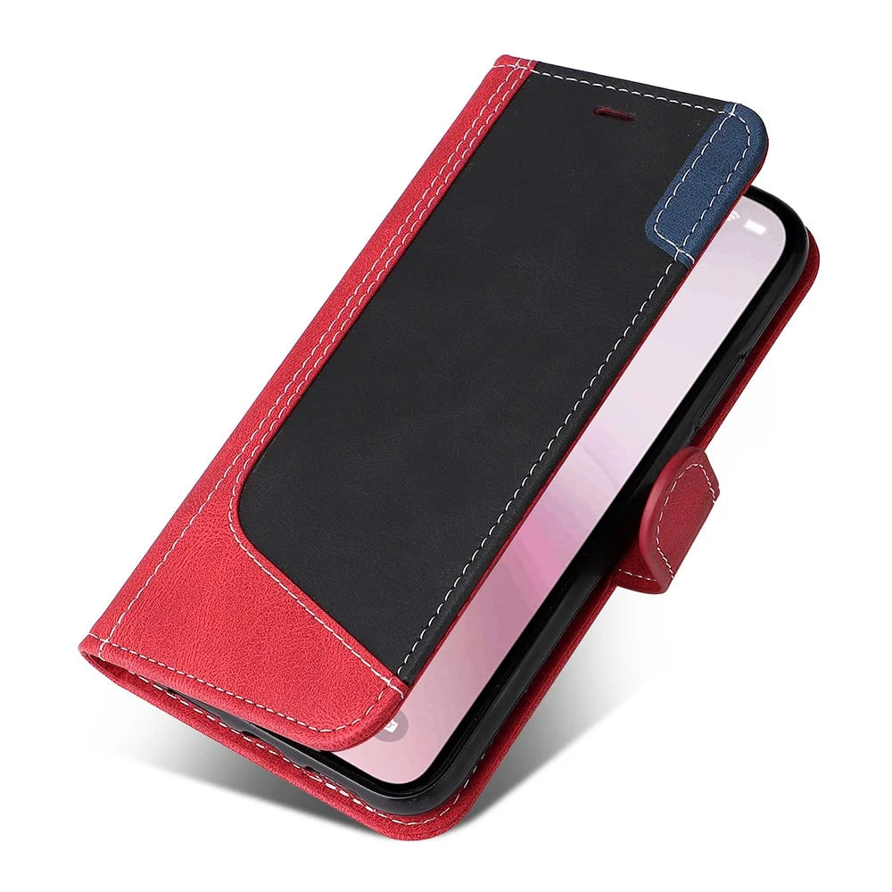 For iPhone 17e / 16e Case Wallet PU Leather Three-Color Splicing Phone Cover - Red - 5