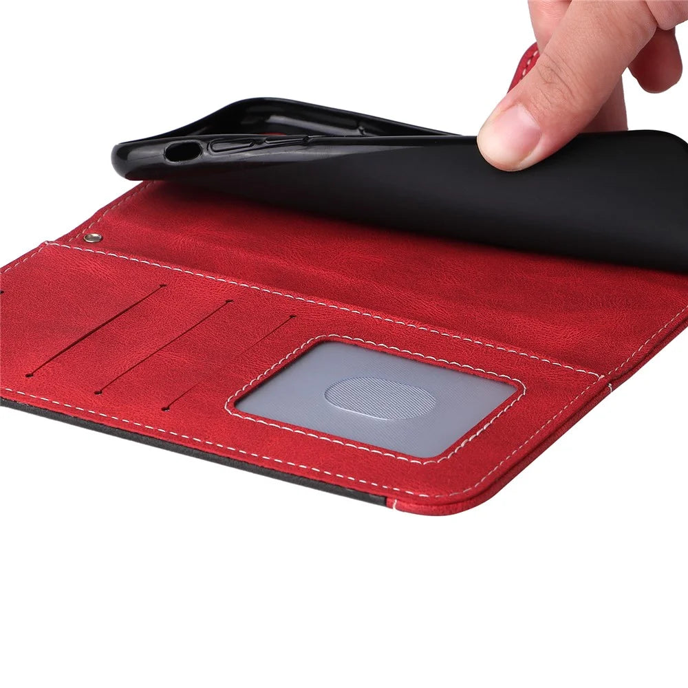 For iPhone 17e / 16e Case Wallet PU Leather Three-Color Splicing Phone Cover - Red - 6