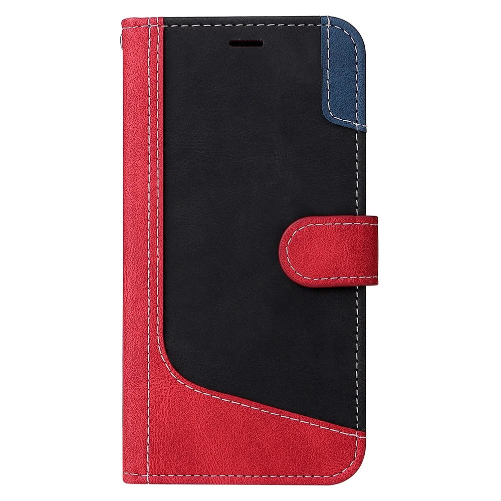 For iPhone 17e / 16e Case Wallet PU Leather Three-Color Splicing Phone Cover - Red - 7