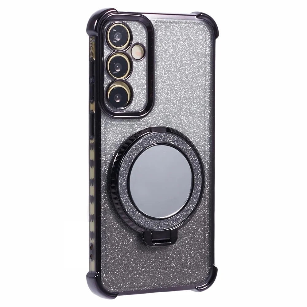 For Samsung Galaxy A34 5G Case TPU Glitter Phone Cover with Kickstand and Mirror - Black - 1