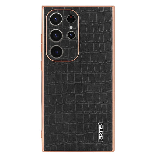 AZNS For Samsung Galaxy S22 Ultra 5G Case Crocodile Pattern Electroplated Leather+TPU Phone Case - Black - 2