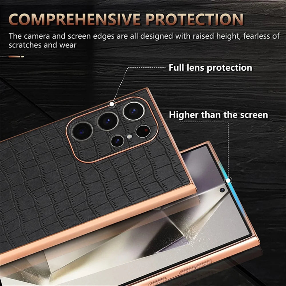 AZNS For Samsung Galaxy S22 Ultra 5G Case Crocodile Pattern Electroplated Leather+TPU Phone Case - Black - 7