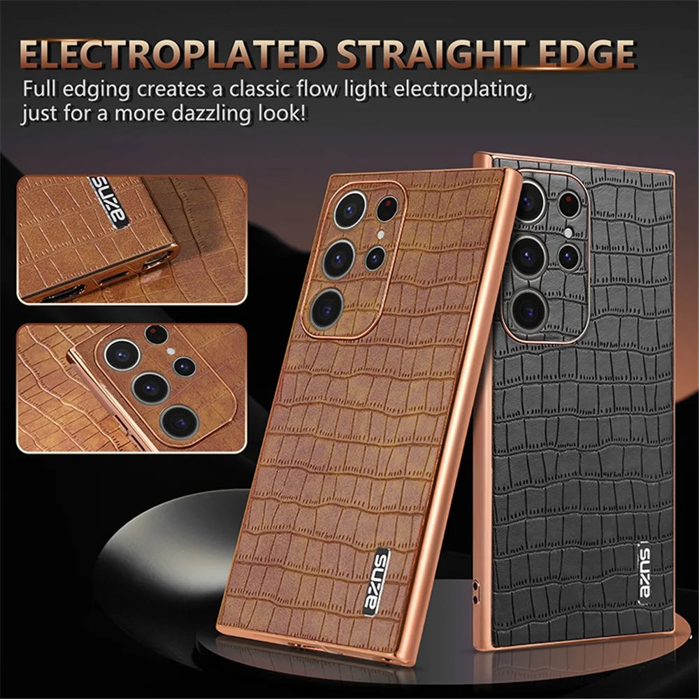 AZNS For Samsung Galaxy S23 Ultra Case Electroplated Crocodile Texture Leather+TPU Phone Cover - Black - 4
