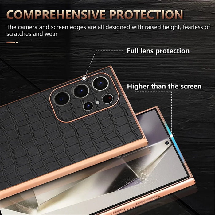 AZNS For Samsung Galaxy S23 Ultra Case Electroplated Crocodile Texture Leather+TPU Phone Cover - Black - 7