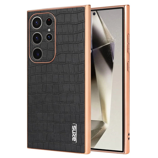 AZNS For Samsung Galaxy S24 Ultra Case Crocodile Texture Leather+TPU Electroplating Phone Shell - Black - 1