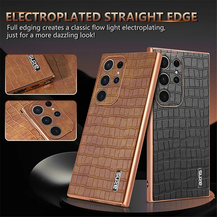 AZNS For Samsung Galaxy S24 Ultra Case Crocodile Texture Leather+TPU Electroplating Phone Shell - Black - 4