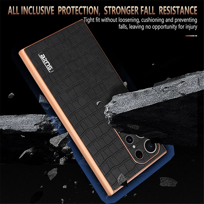 AZNS For Samsung Galaxy S24 Ultra Case Crocodile Texture Leather+TPU Electroplating Phone Shell - Black - 5