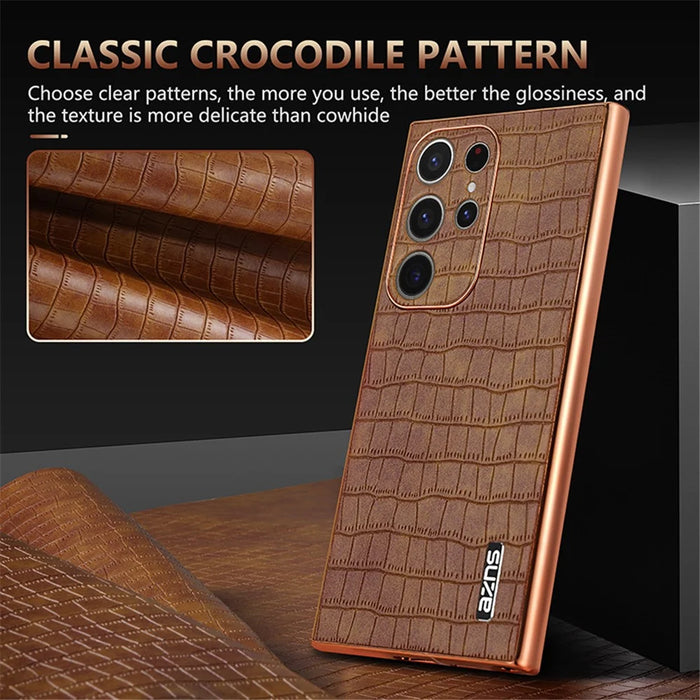 AZNS For Samsung Galaxy S24 Ultra Case Crocodile Texture Leather+TPU Electroplating Phone Shell - Black - 6