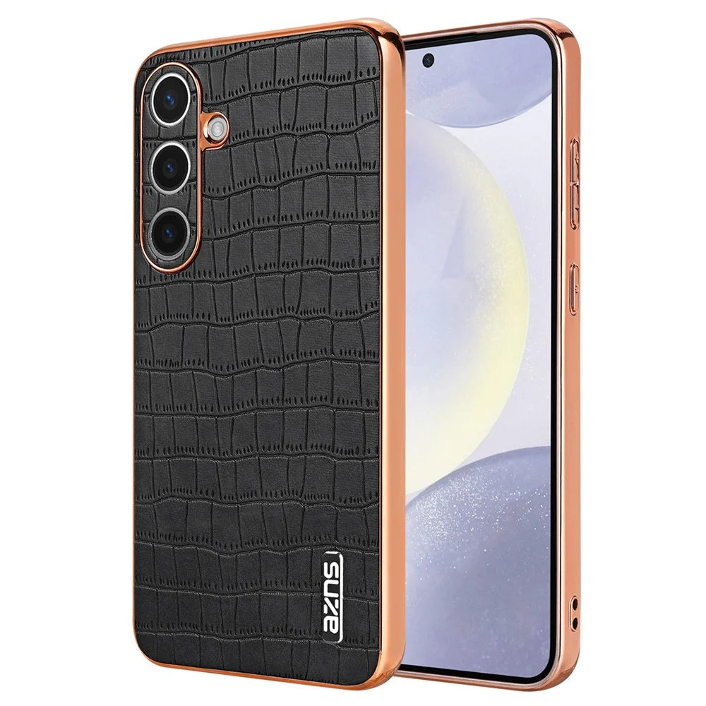 AZNS For Samsung Galaxy S24+ Case Electroplating Crocodile Texture PU+TPU Phone Case - Black - 1