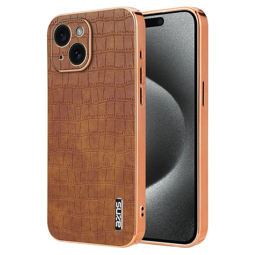 AZNS For iPhone 15 Plus Case Electroplating Frame Leather Back Cover Crocodile Pattern - Brown - 1