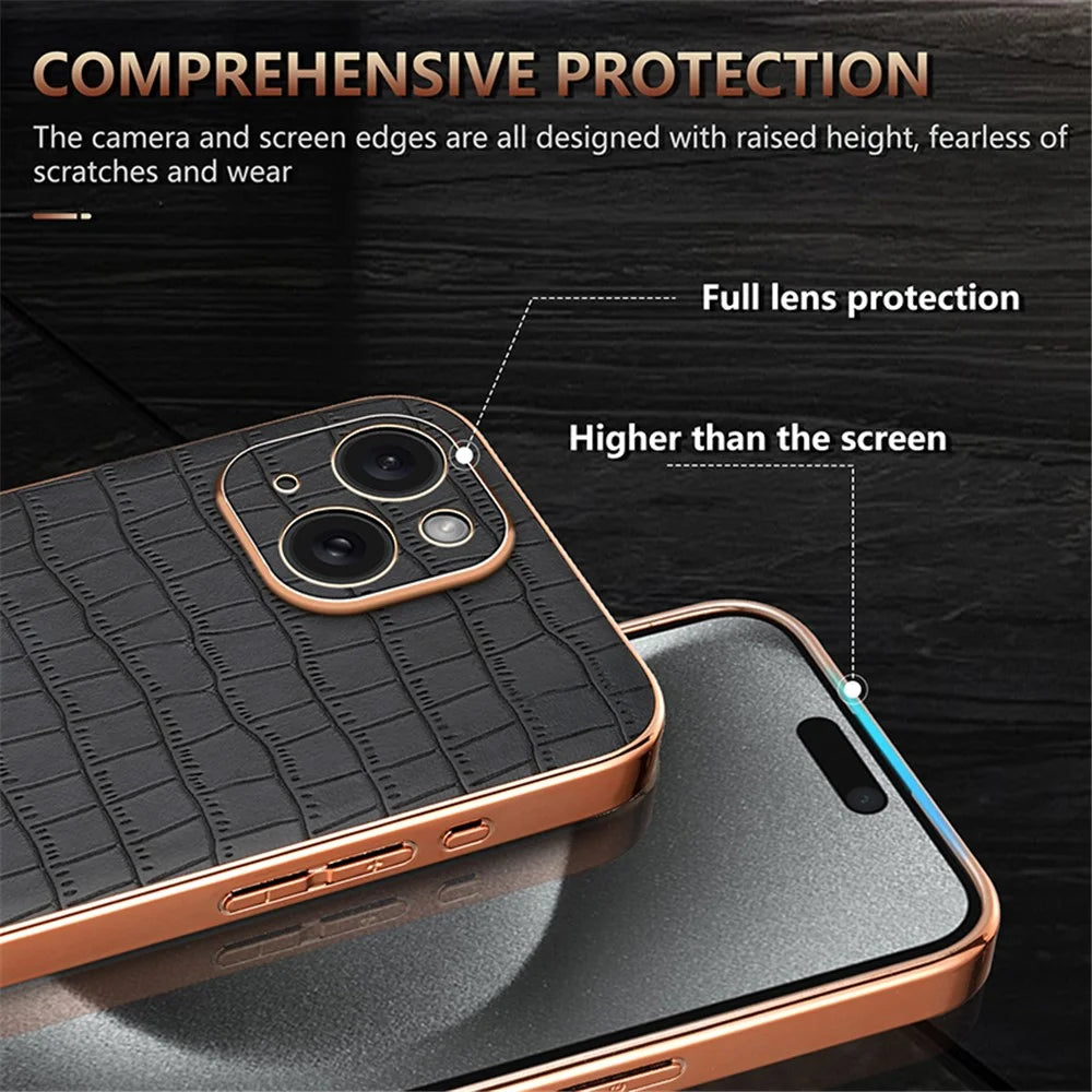 AZNS For iPhone 15 Plus Case Electroplating Frame Leather Back Cover Crocodile Pattern - Brown - 6
