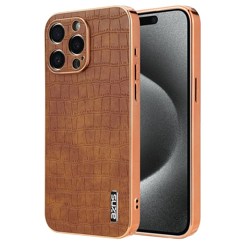 AZNS For iPhone 15 Pro Max Shockproof Case Crocodile Texture PU+TPU Slim Phone Cover - Brown - 1