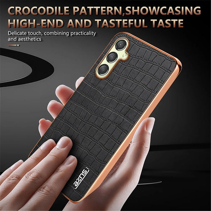 AZNS For Samsung Galaxy M14 5G Case Electroplating Crocodile Texture Leather Coated TPU Phone Cover - Brown - 5
