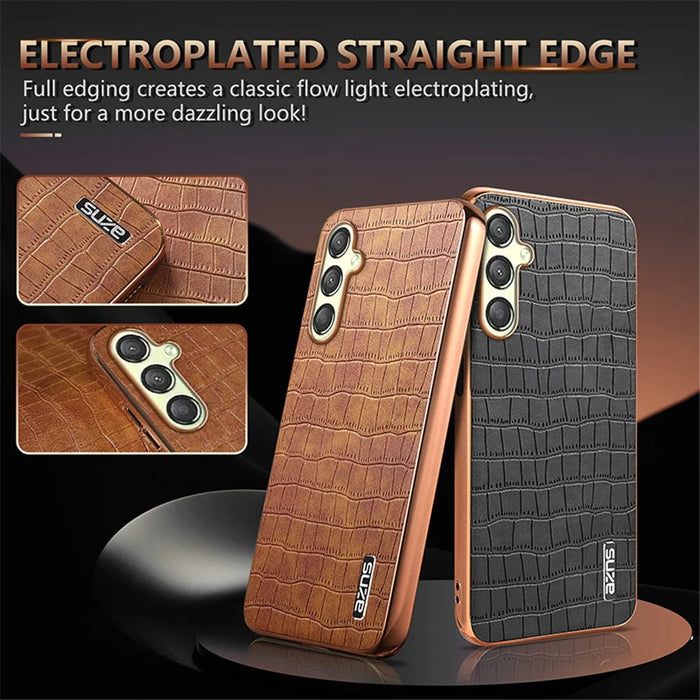 AZNS For Samsung Galaxy M14 5G Case Electroplating Crocodile Texture Leather Coated TPU Phone Cover - Brown - 6