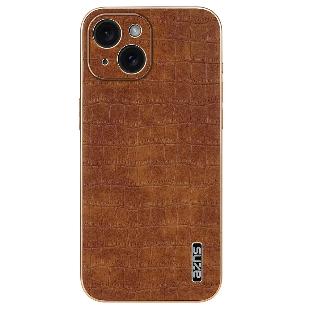 AZNS For iPhone 15 Case Crocodile Texture Drop-Proof Leather Coated TPU Phone Cover - Brown - 2