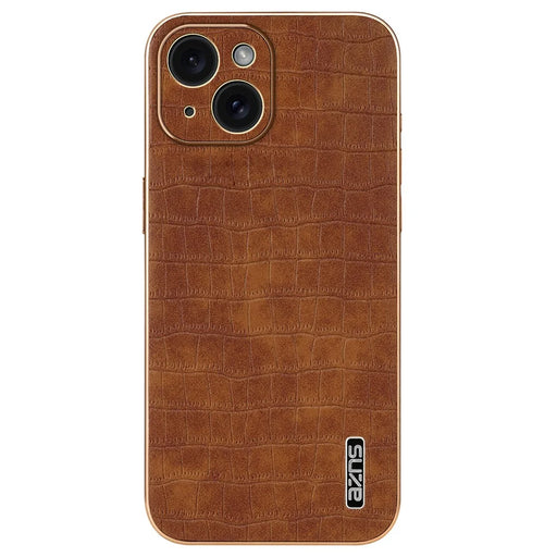 AZNS For iPhone 15 Case Crocodile Texture Drop-Proof Leather Coated TPU Phone Cover - Brown - 2