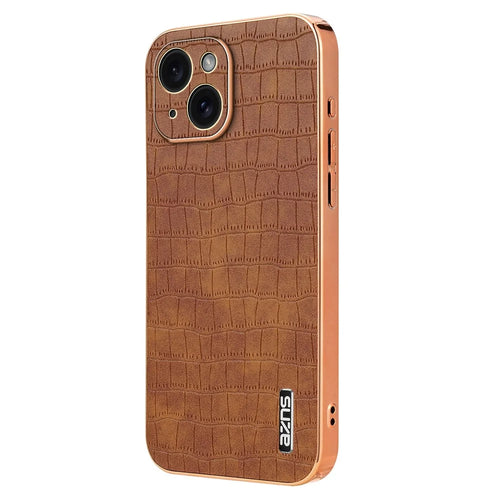 AZNS For iPhone 14 Case Crocodile Texture PU+TPU Electroplating Anti-Fall Phone Cover - Brown - 1