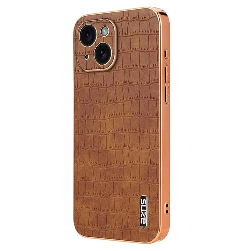 AZNS For iPhone 14 Case Crocodile Texture PU+TPU Electroplating Anti-Fall Phone Cover - Brown - 1