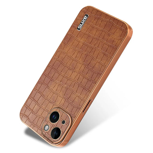 AZNS For iPhone 14 Case Crocodile Texture PU+TPU Electroplating Anti-Fall Phone Cover - Brown - 2