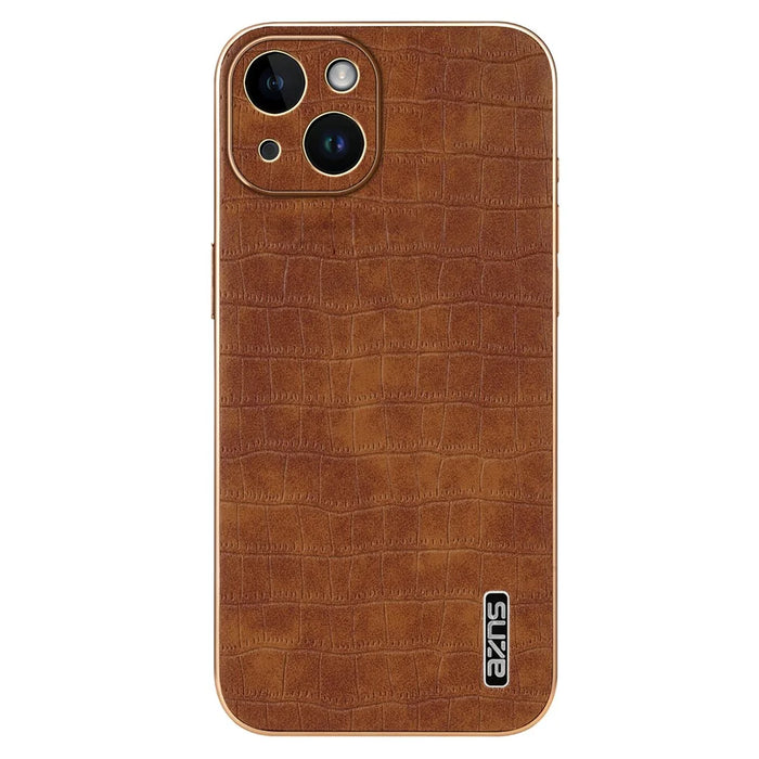 AZNS For iPhone 14 Case Crocodile Texture PU+TPU Electroplating Anti-Fall Phone Cover - Brown - 3